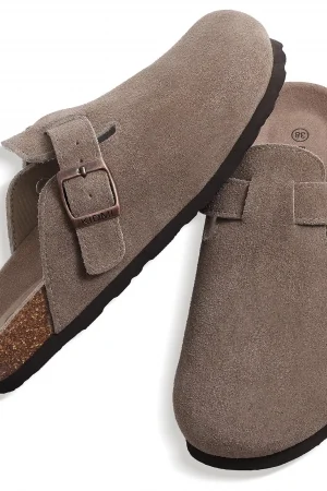 Gacimy Women's Suede Clogs with Arch Support Retro Leather Flat Mules Lady Cork Footbed Sandals Unisex Classic Clogs Slippers