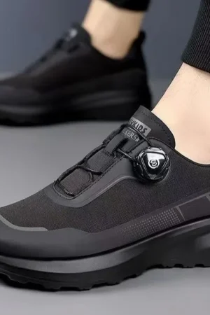 Men's Casual Running Shoes with Rotating Button Black Slip Resistant Thick Sole Outdoor Sports Sneakers for Commuting