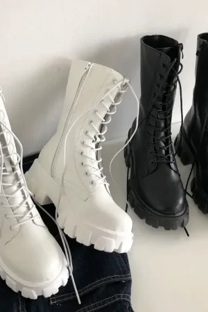 Women's Comfortable Solid Color Platform Boots, Fashion Lace Up Side Zipper Boots with Comfortable Design